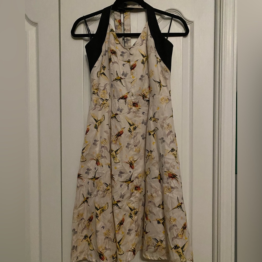 Annie 50 Linen/Cotton Black and Yellow Halter Pin-up Retro Dress Bird print
